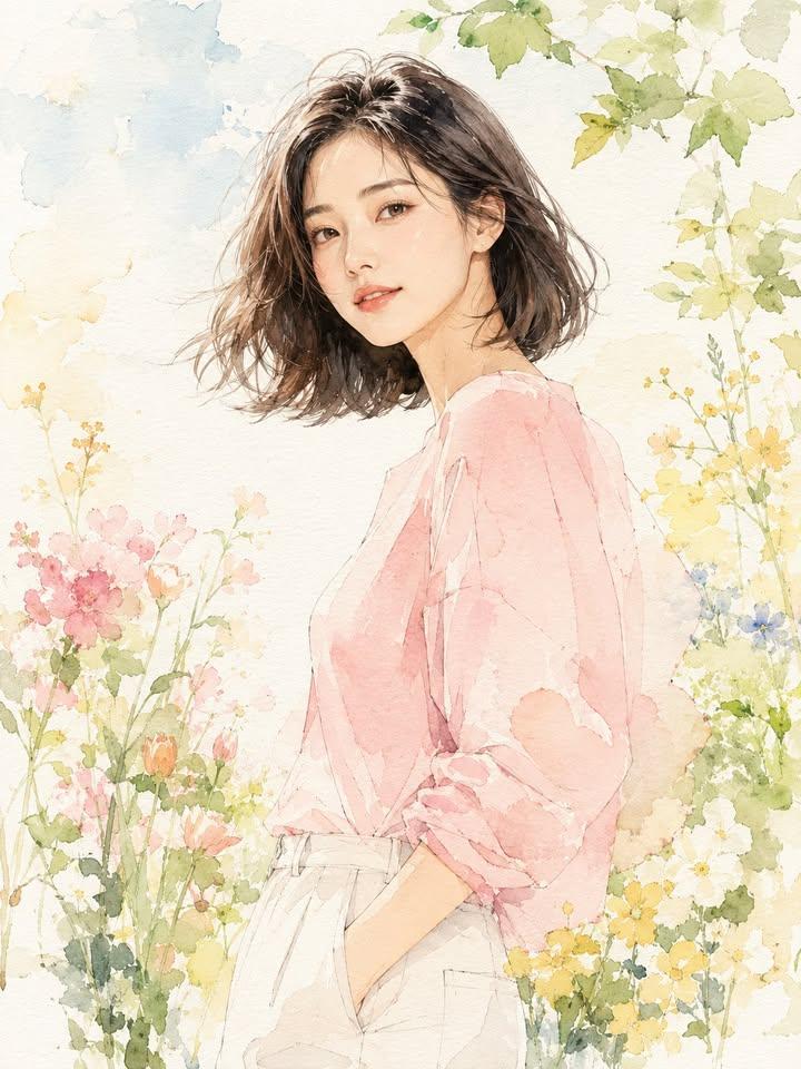 プロンプトのプレビュー: ファッションエディトリアル水彩ポートレート