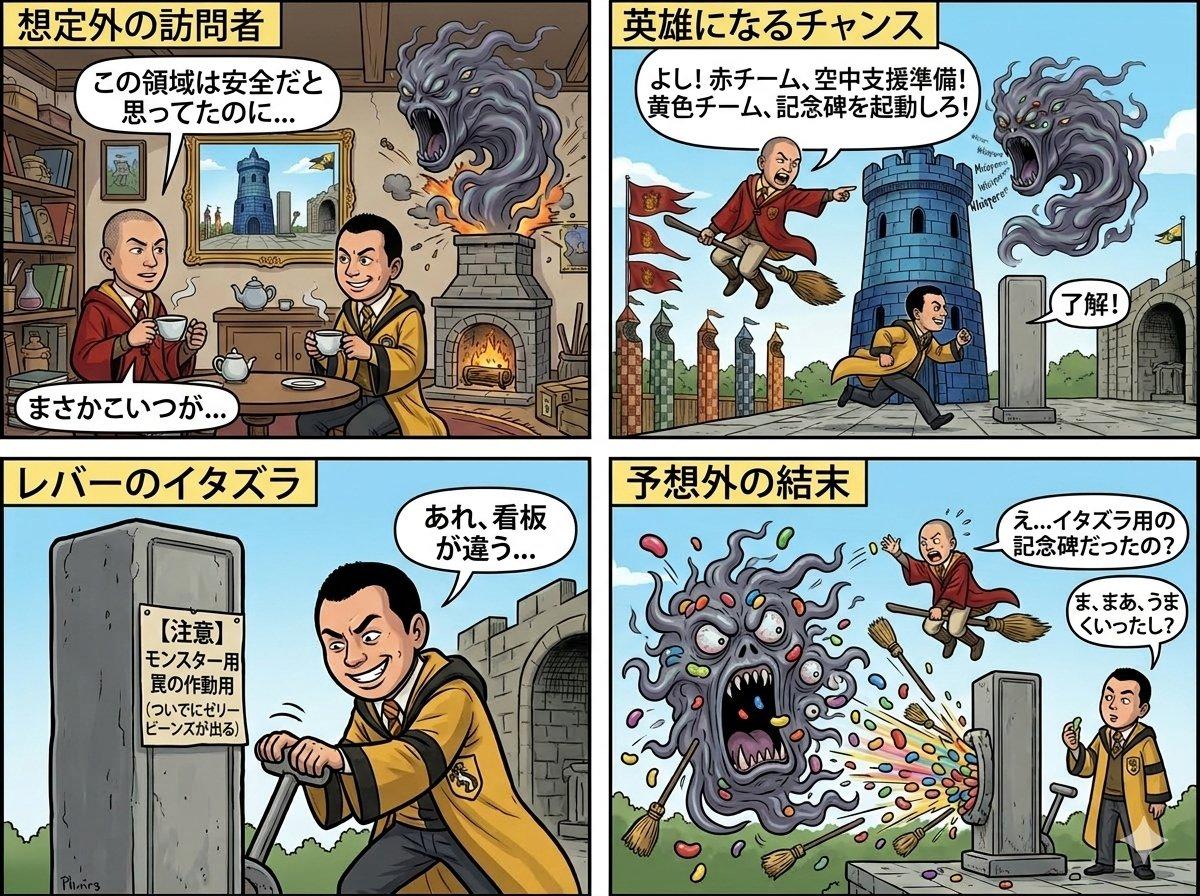 プロンプトのプレビュー: 四コマ漫画:魔法省の裁き