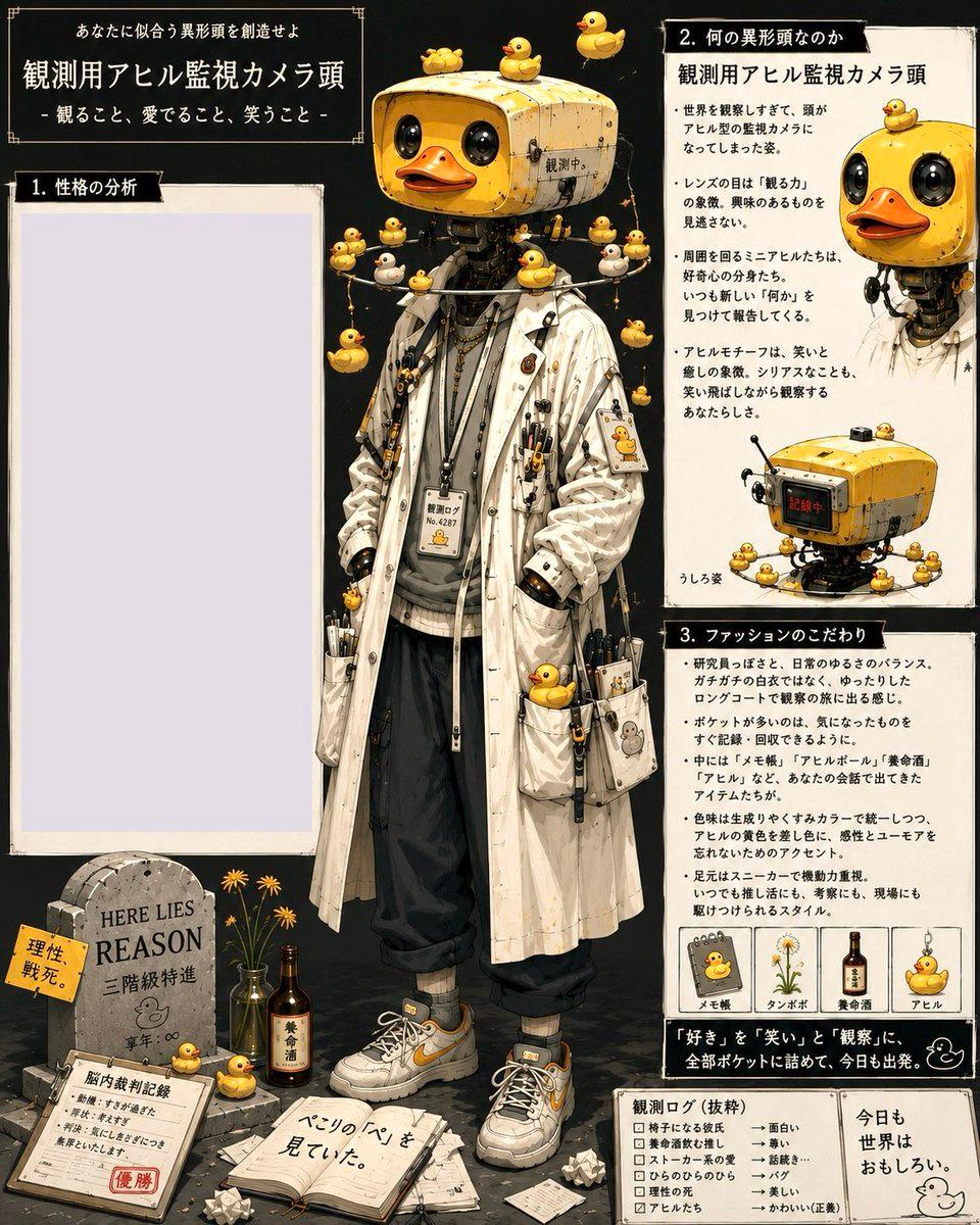 プロンプトのプレビュー: ラバーダック監視カメラ頭のキャラクターシート