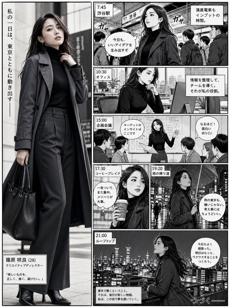 プロンプトのプレビュー: マンガのページレイアウトに溶け込むリアルなプロフェッショナル女性