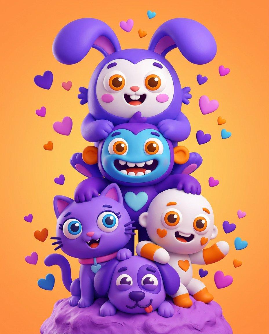 Promptvoorbeeld: Vibrant 3D Cartoon Characters Stack