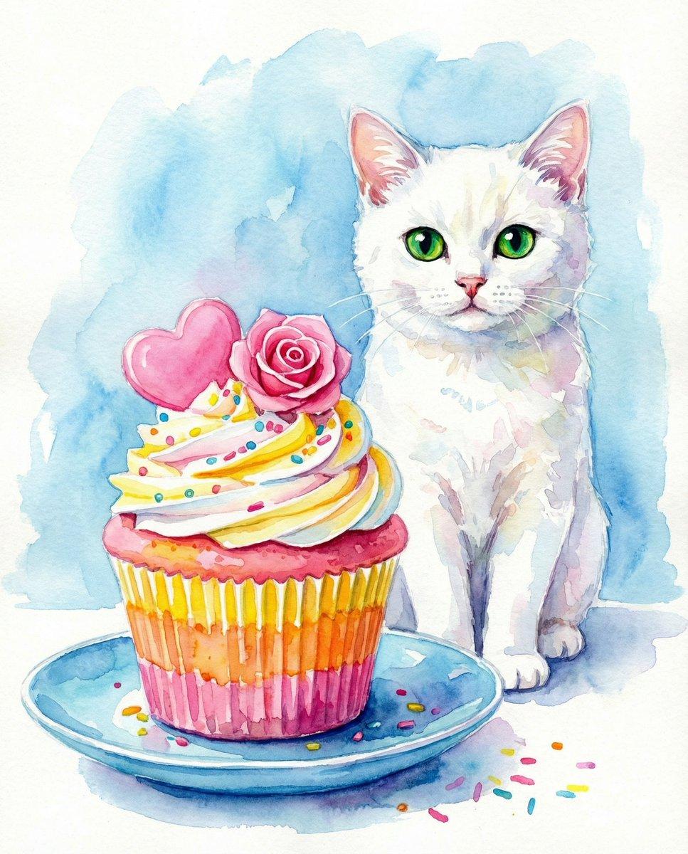 Promptforhåndsvisning: Watercolor Cat and Valentine's Cupcake