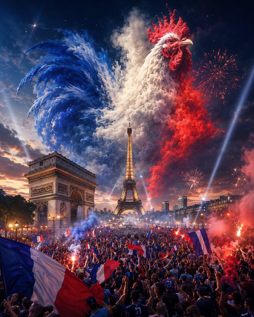 プロンプトのプレビュー: パリ上空に舞う壮大なフランスの雄鶏