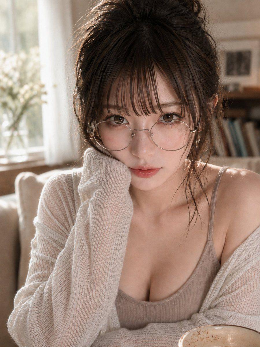 プロンプトのプレビュー: 主題: 丸眼鏡の朝時間 主体: 画面中央、朝日の入る室内で頬杖をつく若い女性の胸上クローズアップ。大きな銀縁の丸眼鏡、白い透かし編みカーディガン、グレージュのキャミソール、柔らかな眼差しが主役。 人物…