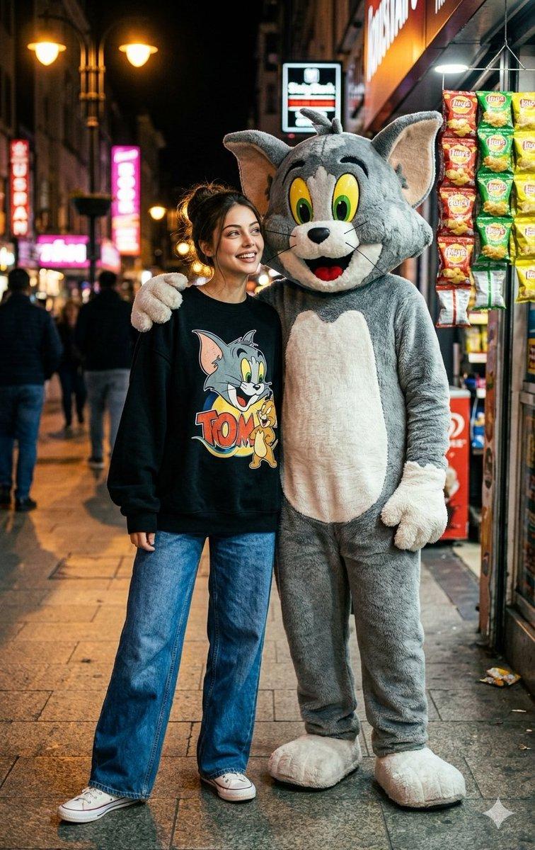 プロンプトのプレビュー: 女性と猫の着ぐるみのストリートでの遭遇