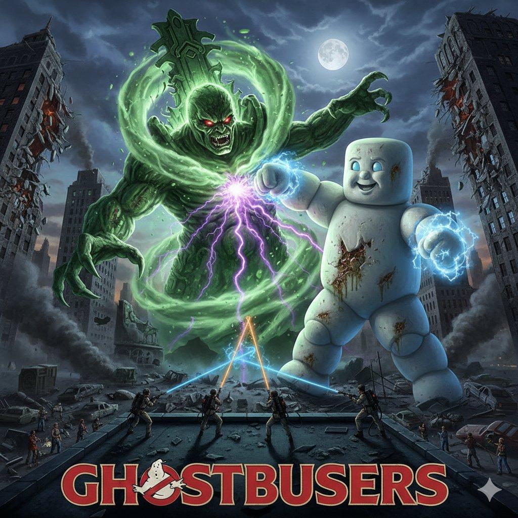 提示词预览: 生成包含 Gozer 和 Stay Puft 的《捉鬼敢死队》场景