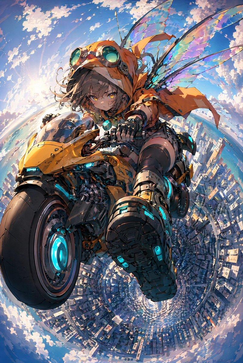 プロンプトのプレビュー: タイニー・プラネットの街を駆ける妖精バイカー