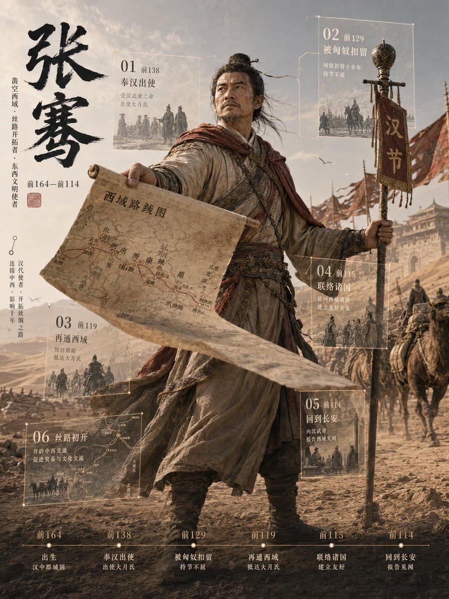 提示词预览: 张骞 3D 历史档案海报