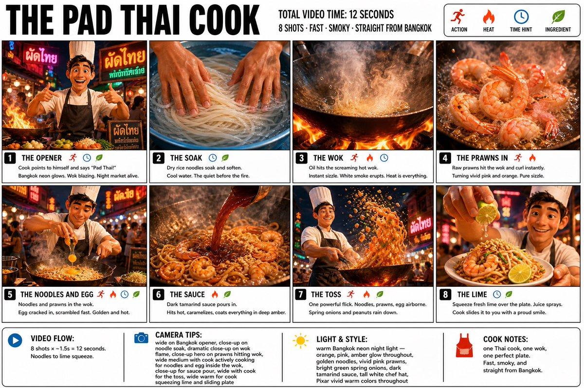 ตัวอย่างพรีวิวพรอมต์: สตอรีบอร์ดการทำผัดไทย