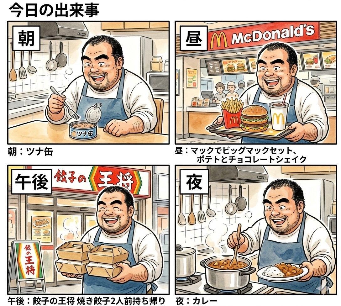 プロンプトのプレビュー: 4コマ漫画プロンプト:とある日の食事