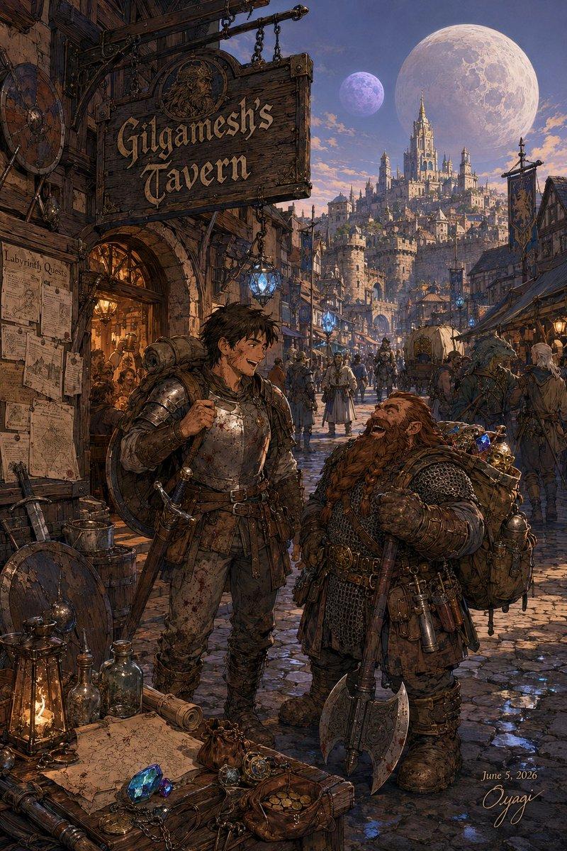 ตัวอย่างพรีวิวพรอมต์: ฉากถนนหน้าโรงเตี๊ยมแฟนตาซี Gilgamesh's Tavern