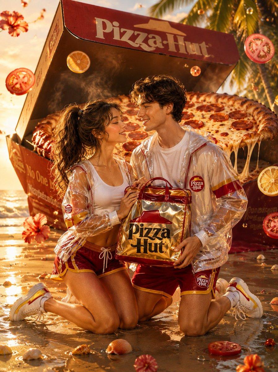 ตัวอย่างพรีวิวพรอมต์: แคมเปญโฆษณา Pizza Hut สุดล้ำสไตล์ High-Fashion ริมชายหาด