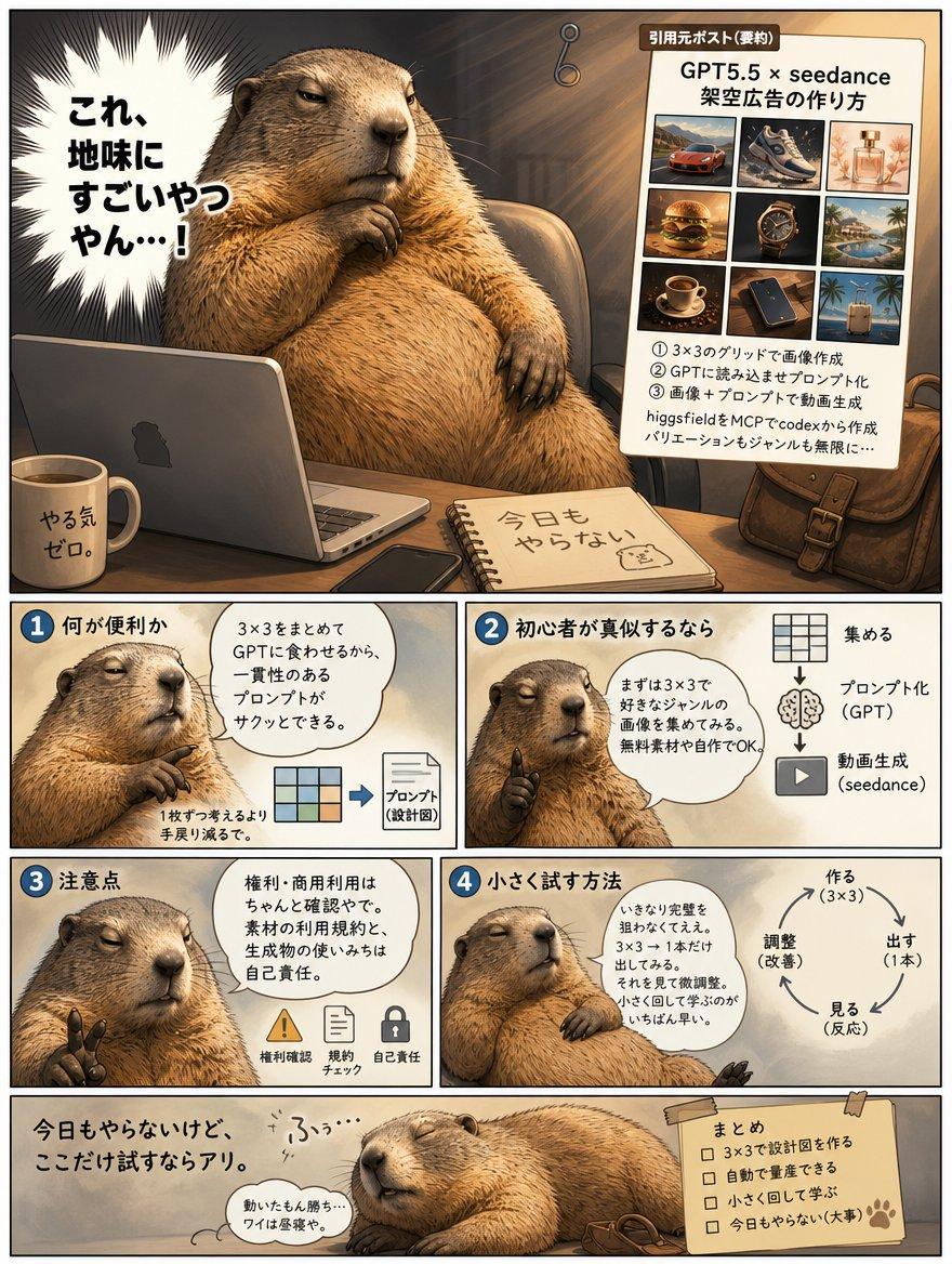 提示詞預覽: 懶惰水豚的廣告工作流漫畫