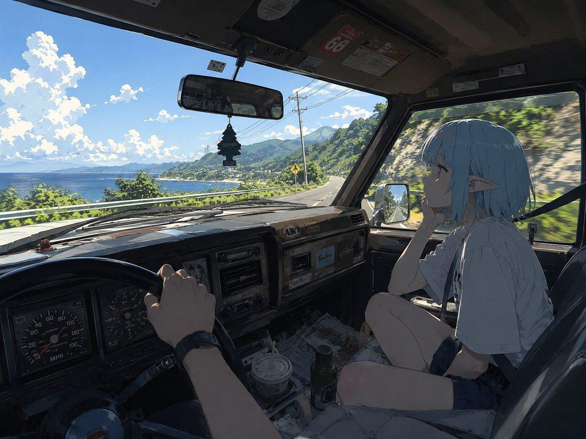 プロンプトのプレビュー: エルフの少女との海岸沿いドライブ視点