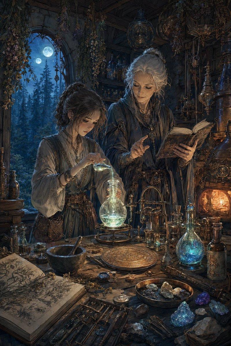 プロンプトのプレビュー: 月光のファンタジー錬金術ワークショップ