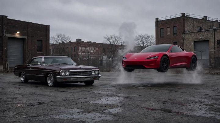 Prompt preview: Create a video of an old low rider Chevy car Hoping with air shocks 3 fr high then a new red Tesla r…