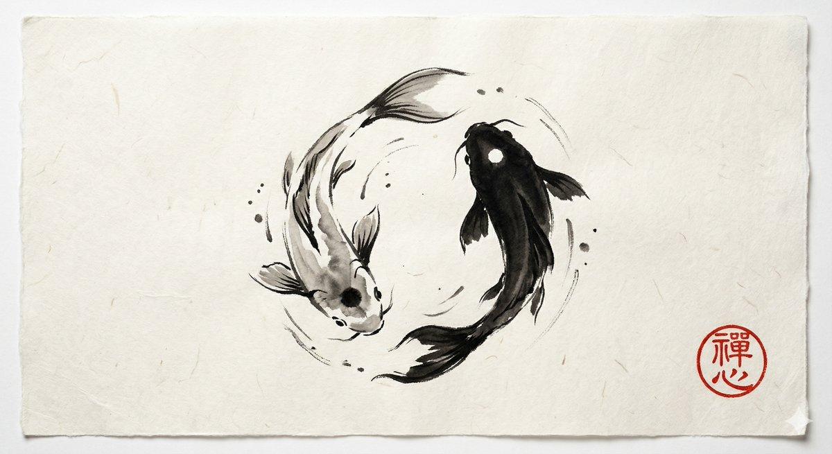 ตัวอย่างพรีวิวพรอมต์: พรอมต์ภาพวาดพู่กันญี่ปุ่น (Sumi-e) รูปปลาคาร์ฟหยินหยาง