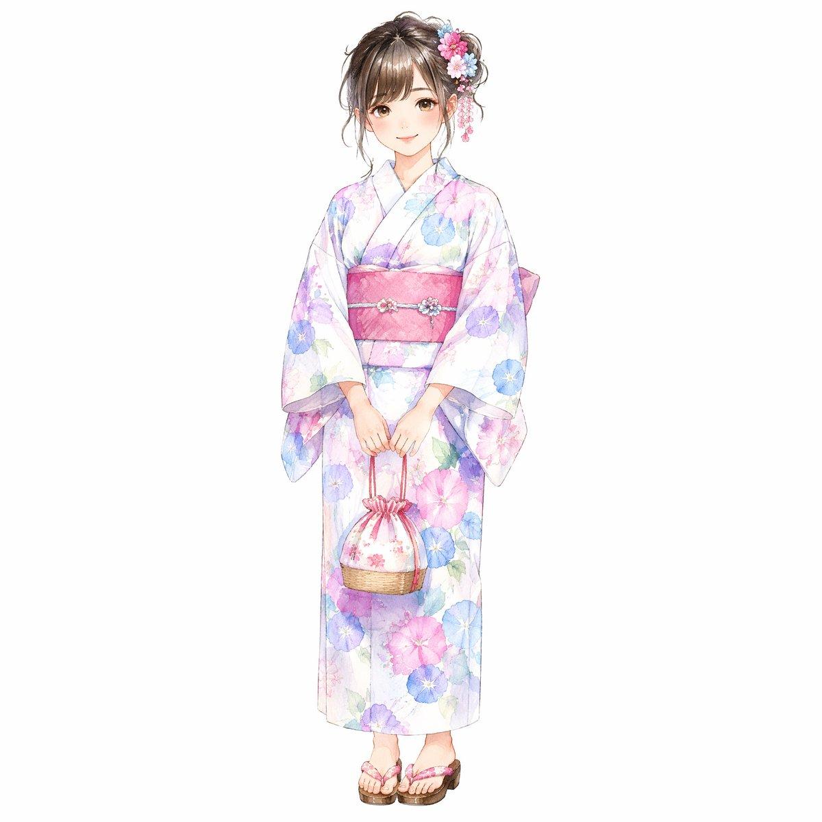 プロンプトのプレビュー: パステルカラーのフローラル浴衣を着た少女