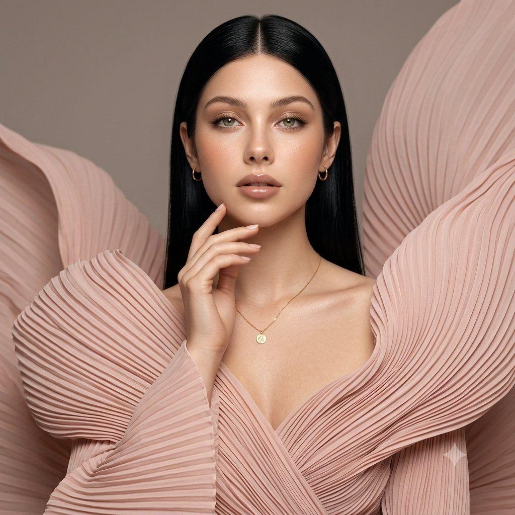 Prompt preview: Create a photorealistic high-fashion beauty portrait of an elegant adult woman with same features an…