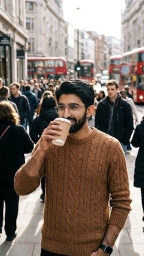 Prompt preview: A candid street photo of a young South Asian man in a cozy brown knitted sweater, drinking coffee fr…