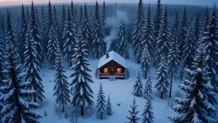 提示词预览: 电影感雪中小屋的静谧时光