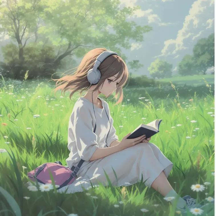 プロンプトのプレビュー: 草原で読書をするアニメ風の少女