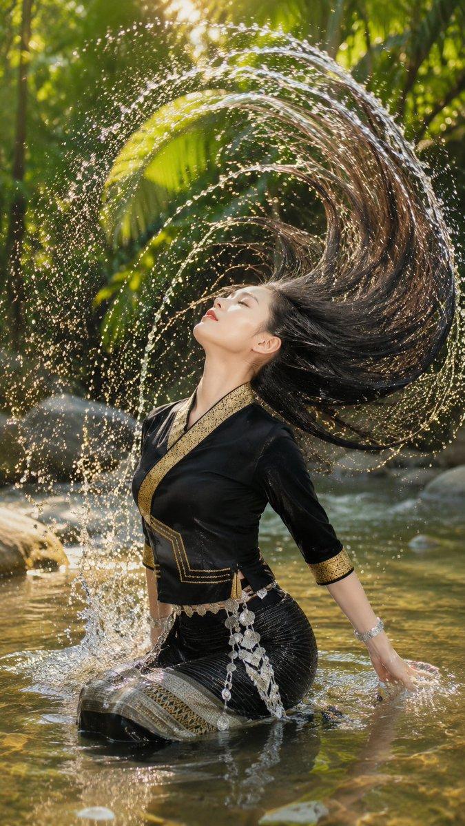 ตัวอย่างพรีวิวพรอมต์: สาวไทลื้อสระผมริมฝั่งแม่น้ำ