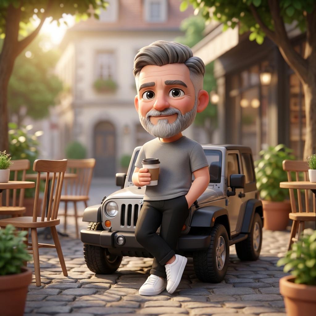 Promptforhåndsvisning: Pixar-Quality 3D Chibi Character with Mini Jeep