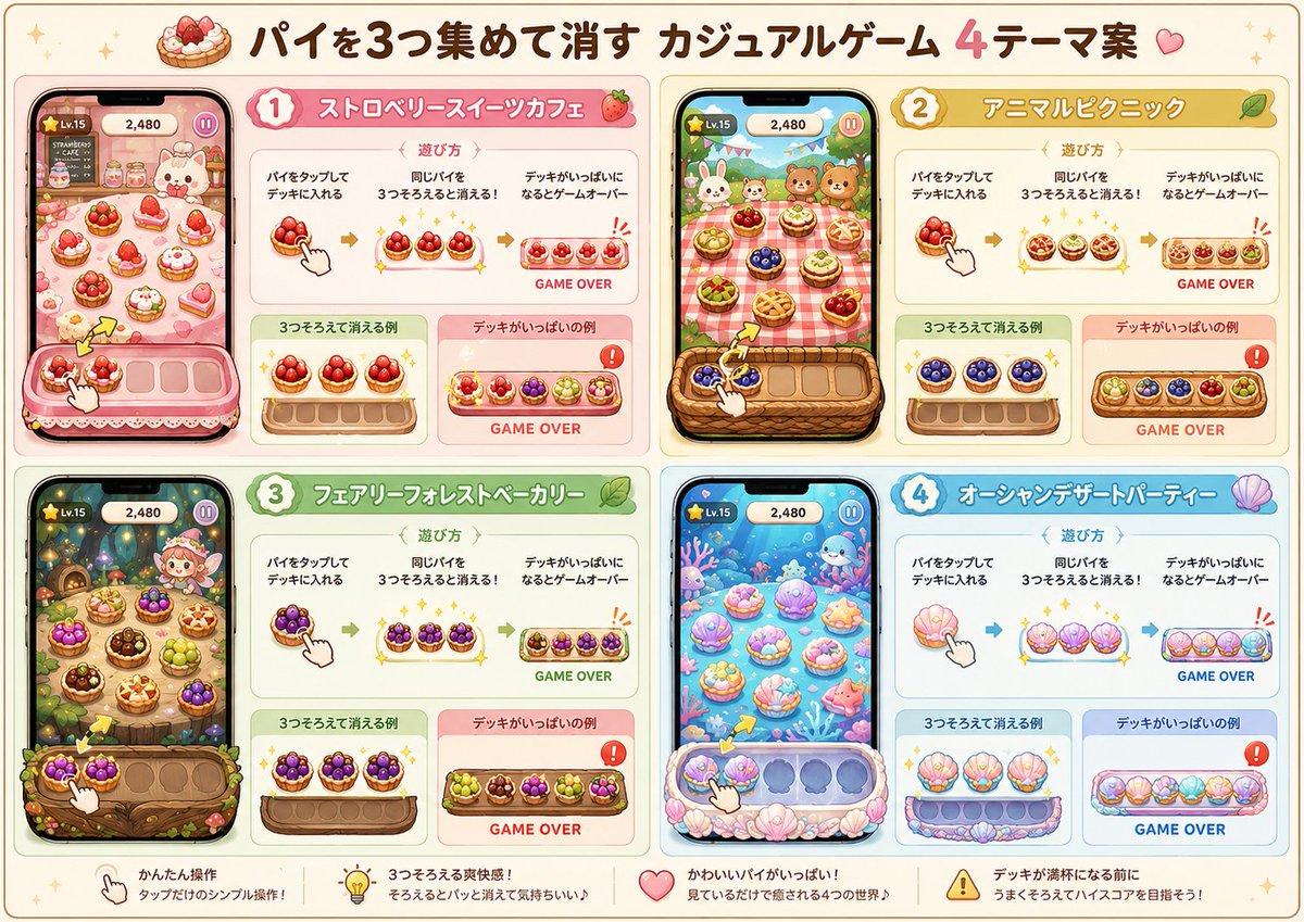 プロンプトのプレビュー: 4 つのテーマのパイパズルゲーム企画シート