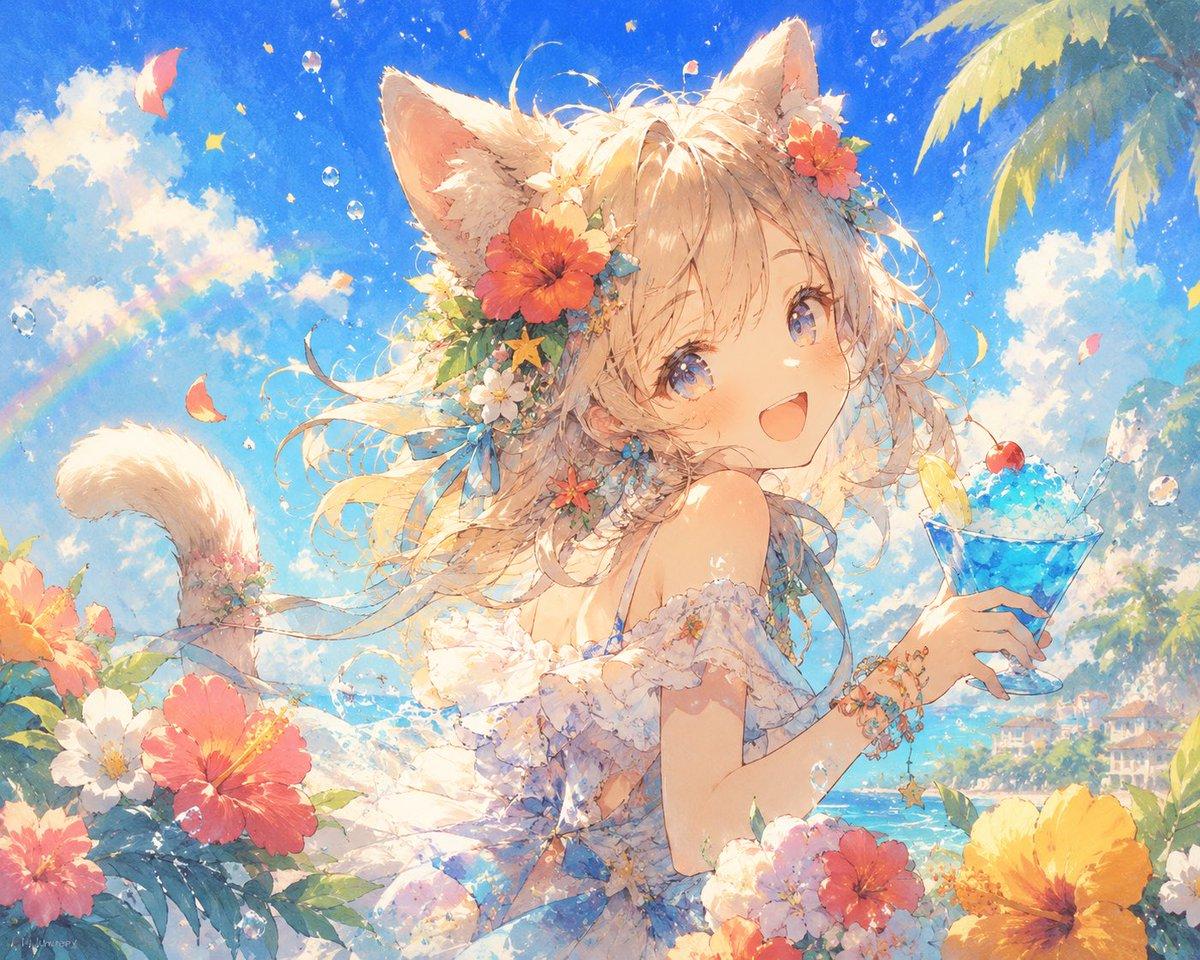 プロンプトのプレビュー: ふわふわ猫耳のアニメ風イラスト