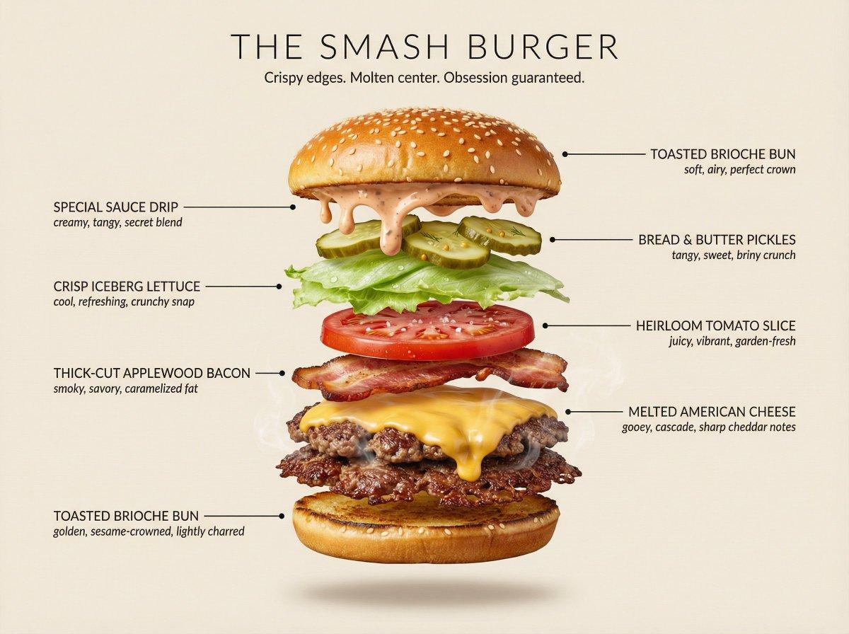 プロンプトのプレビュー: 超リアルな分解食材スタック図