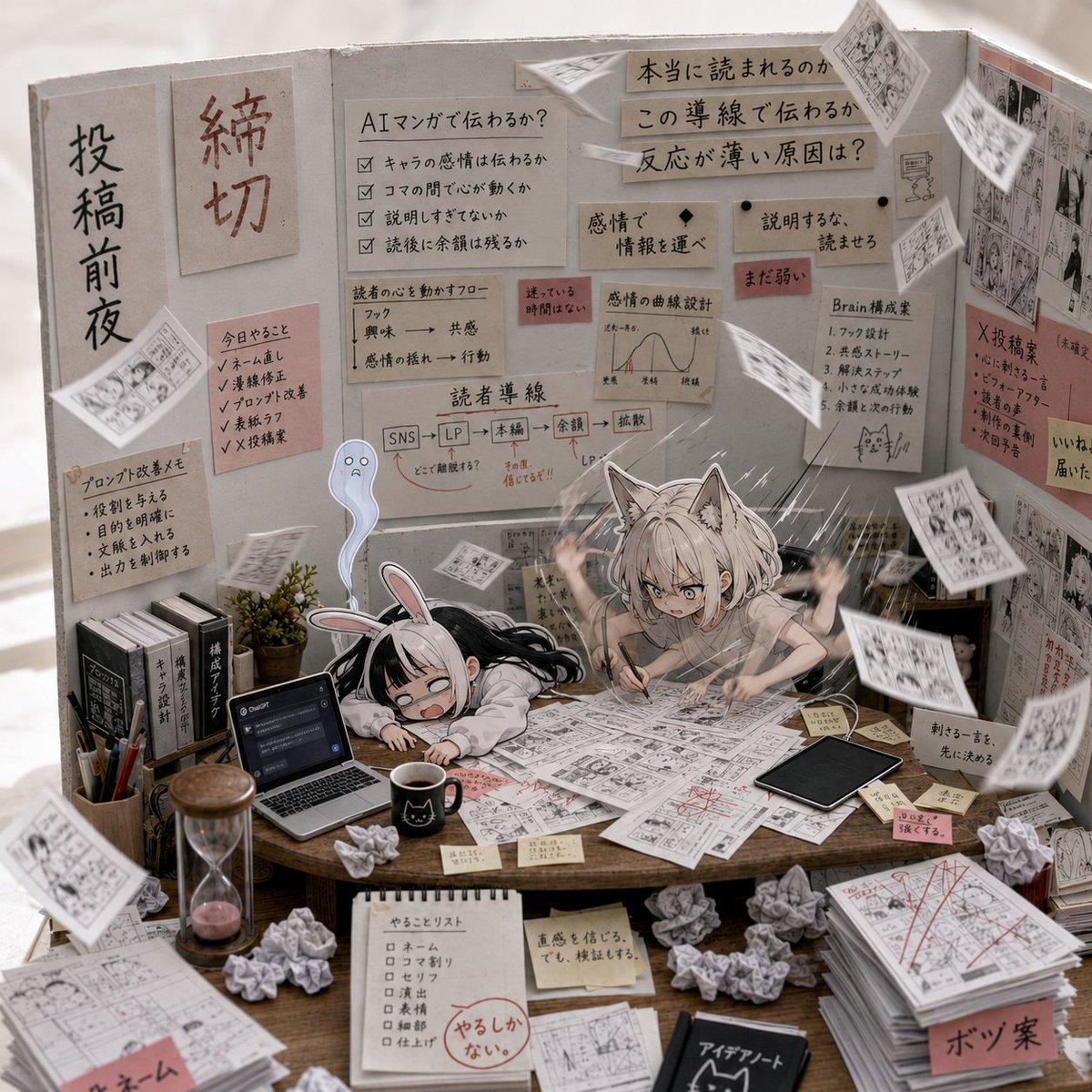 プロンプトのプレビュー: AI 漫画締め切り前夜の作戦室
