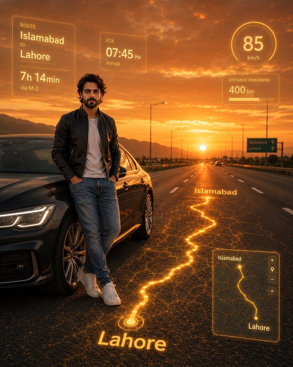 プロンプトのプレビュー: ハイウェイで HUD ナビゲーションを使用する写実的な男性