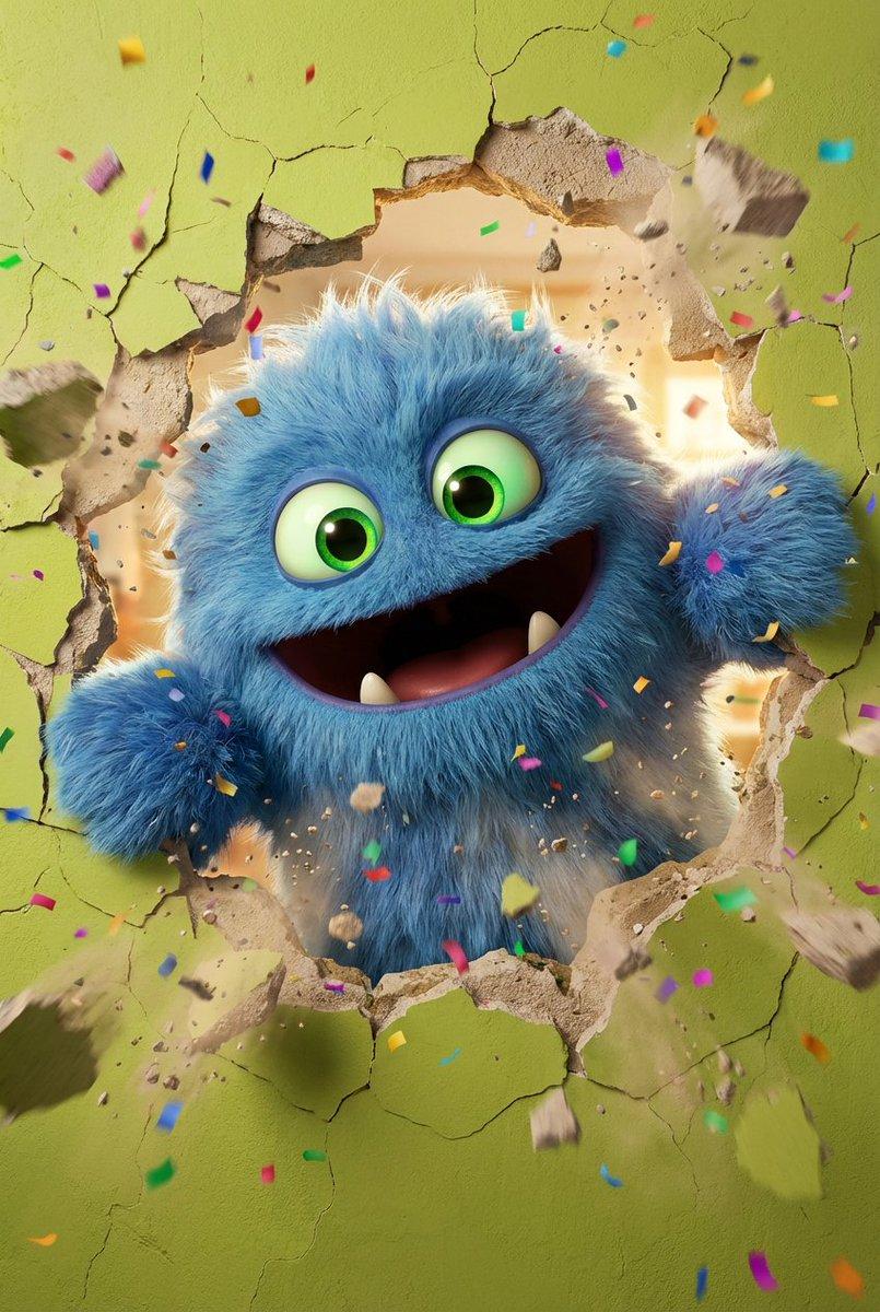 プロンプトのプレビュー: 壁を突き破る 3D のふわふわモンスター