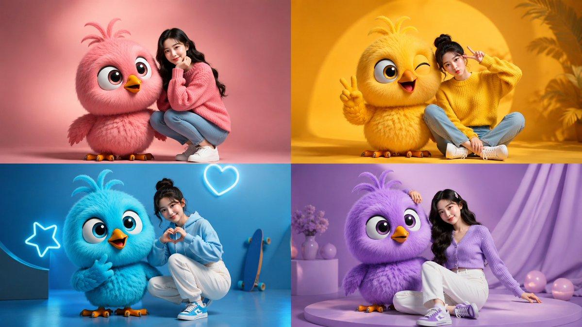 プロンプトのプレビュー: パステルカラーのひよこマスコットフォトコラージュ