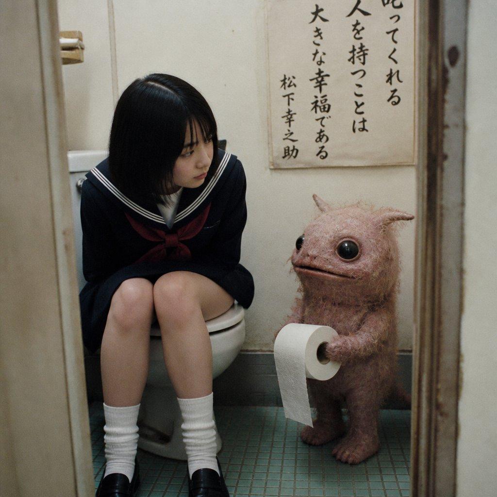 プロンプトのプレビュー: 女子高生とトイレットペーパーのクリーチャー
