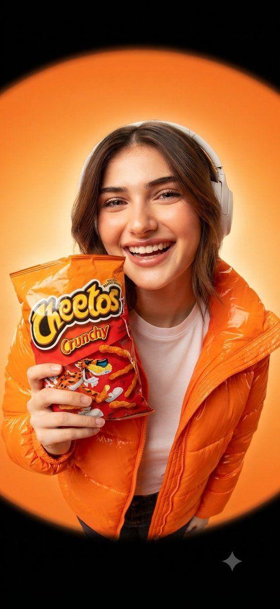 Preview ng prompt: Studio portrait of one smiling person holding a Cheetos Crunchy orange chips bag close to the camera…