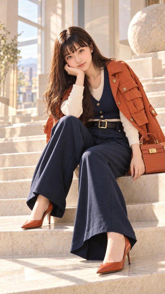 Prompt preview: Create a highly realistic full-body fashion portrait of a young woman sitting elegantly on wide marb…
