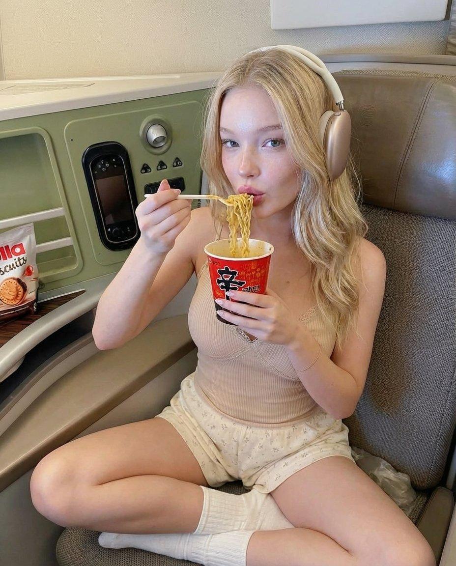 プロンプトのプレビュー: 電車で麺を食べる女性のフォトリアルなライフスタイル写真