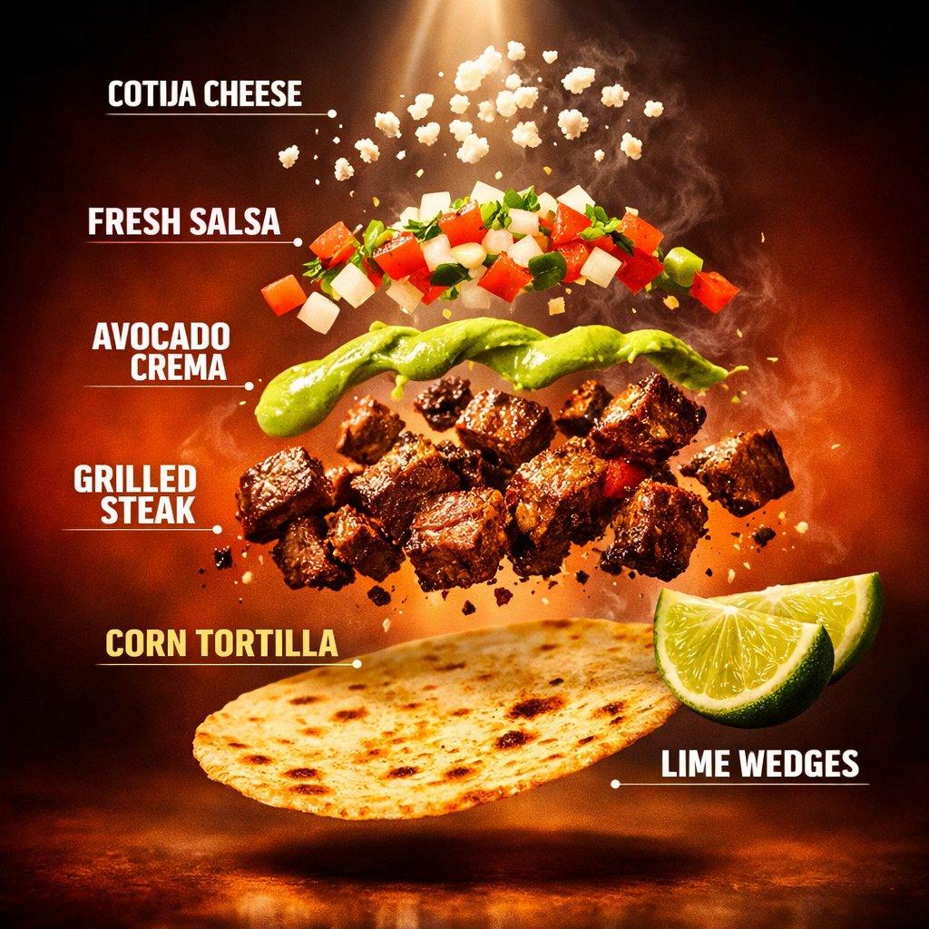 Promptforhåndsvisning: Exploded Tacos Commercial Visualization