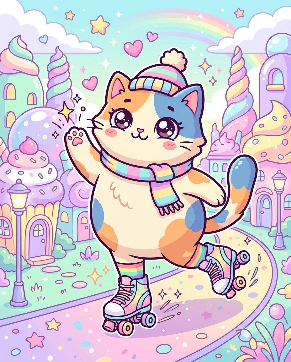 プロンプトのプレビュー: ポップシュールなカワイイ猫のローラースケート