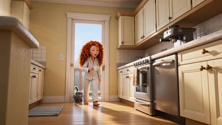 Превью промпта: Created a video, a cinematic cartoon-style kitchen story featuring a curly red-haired woman and a cu…