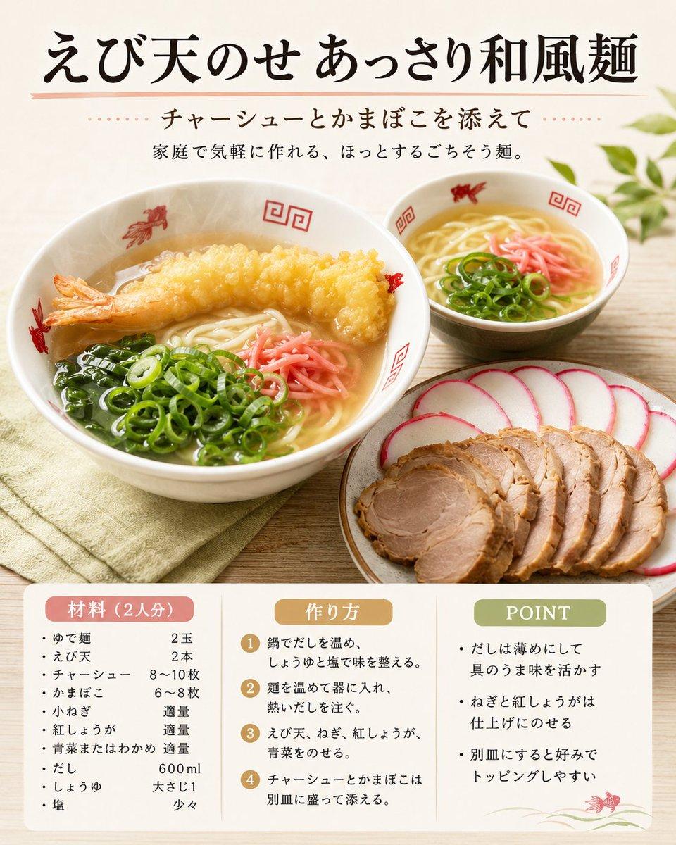 プロンプトのプレビュー: 和風えび天麺のレシピカード