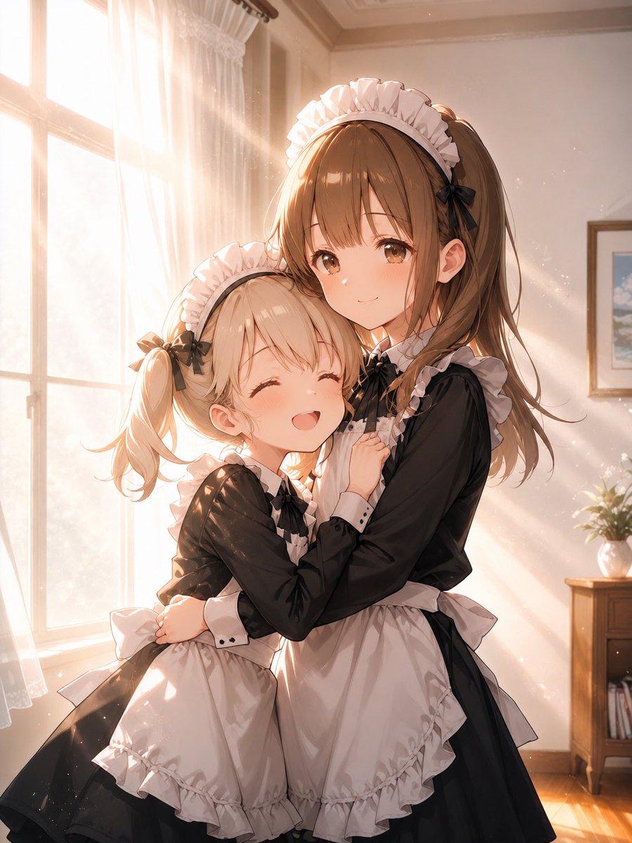 プロンプトのプレビュー: 陽光に包まれたメイド姉妹の抱擁
