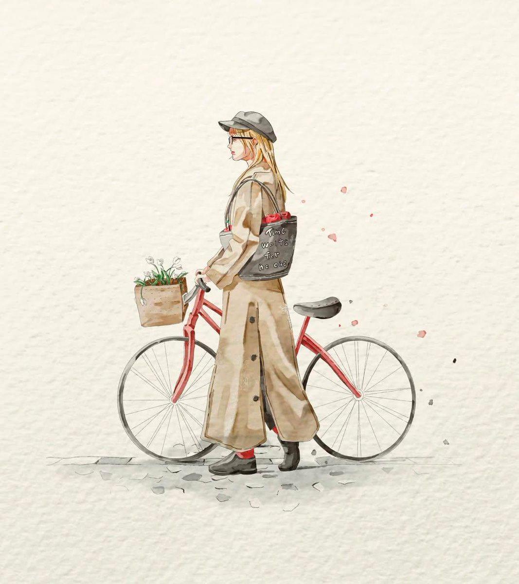 提示詞預覽: 水彩時尚插畫:自行車與女子