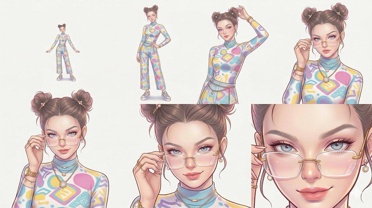 プロンプトのプレビュー: リファレンスキャラクターのポージンググリッド学習用プロンプト