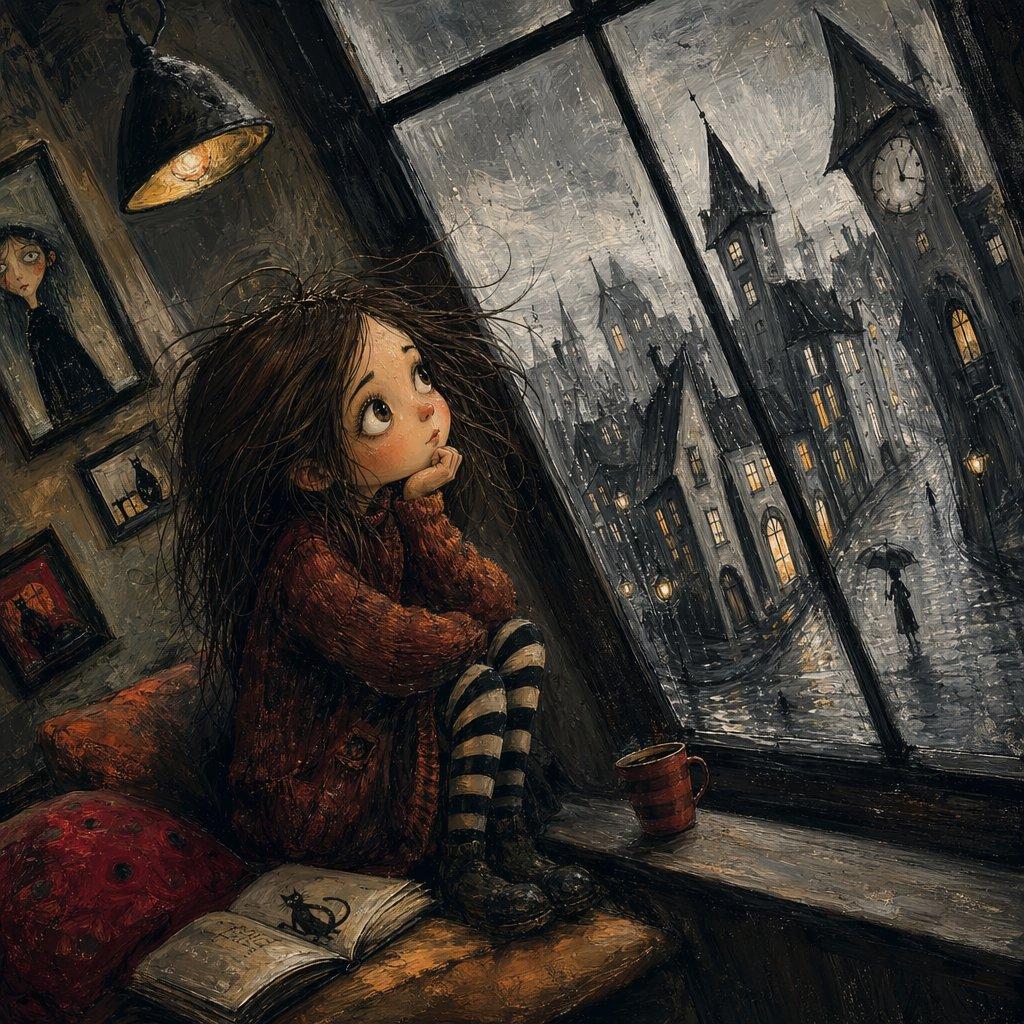 プロンプトのプレビュー: 雨の窓辺に佇むゴシックな少女