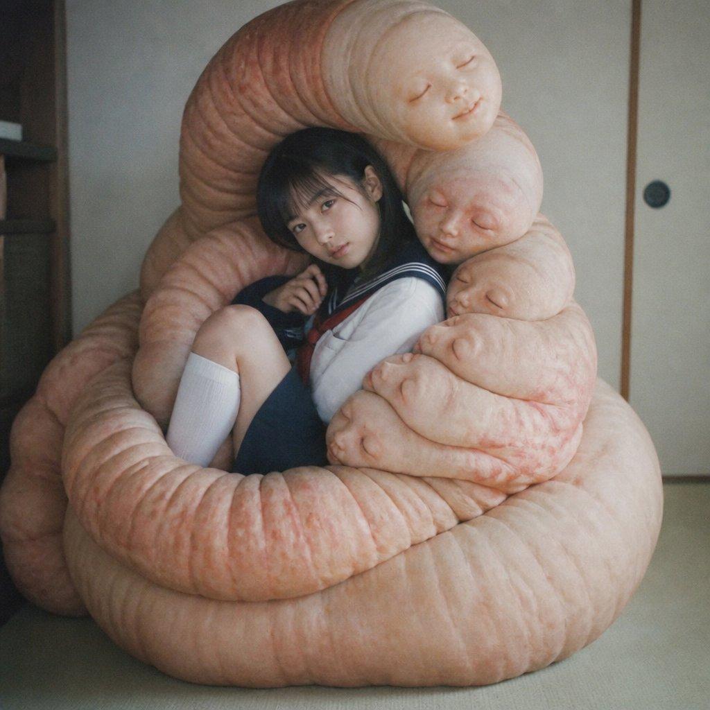 プロンプトのプレビュー: オーガニック・コクーンに包まれた女子学生