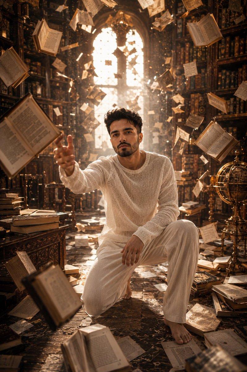 プロンプトのプレビュー: 古代の廃図書館でのファンタジーポートレート