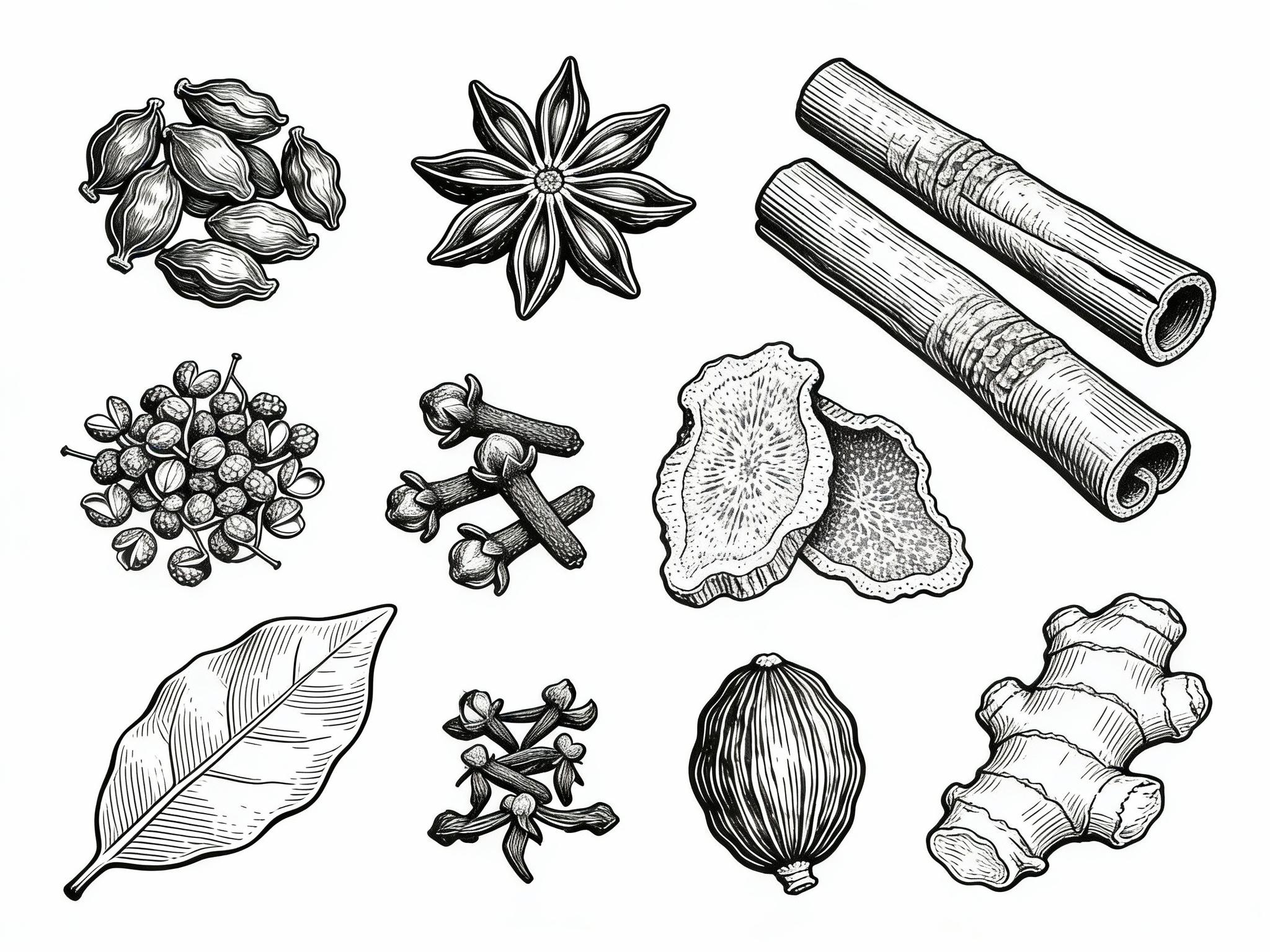 Prompt preview: Line Art of Traditional Chinese Seasoning Herbs
